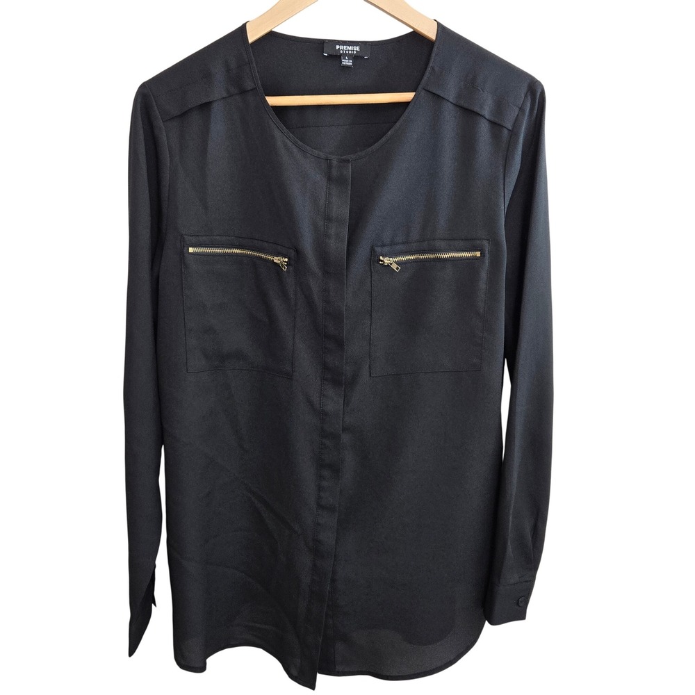 Premise Studio Black Long Sleeve Zip Pocket Button Front Top Women's Large Chic